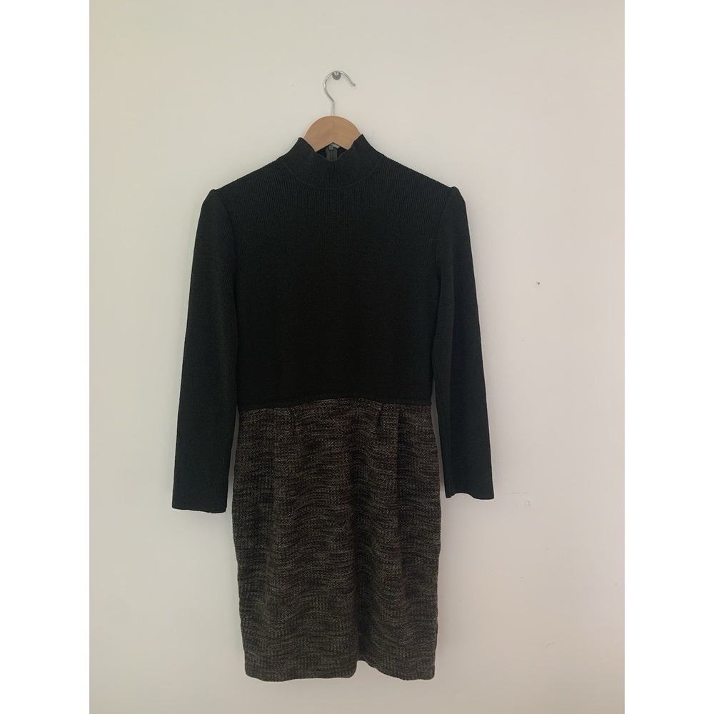 St John Dress 6 Long Sleeve High Neck Color Block Brown Knit Luxe Old Money